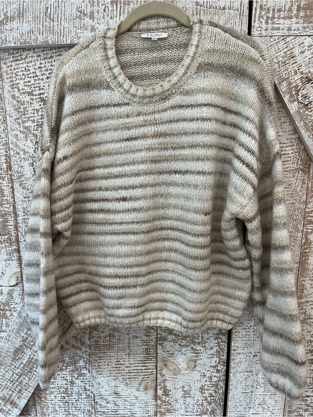 Z Supply Cream & Taupe Striped Cozy Crewneck Sweater Size Large